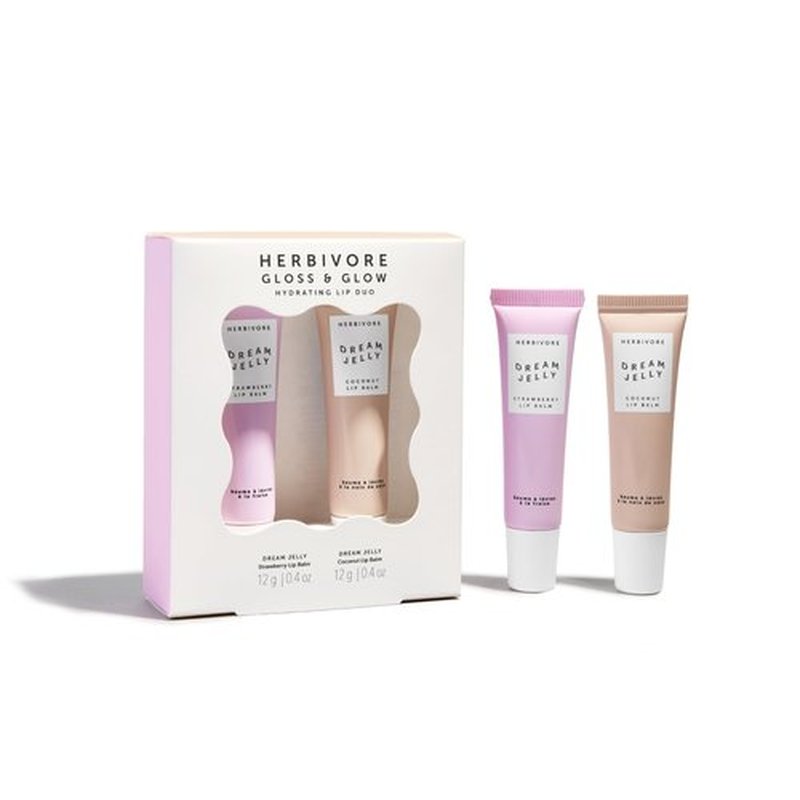 HERBIVORE Gloss & Glow Hydrating Lip Duo | For All Ages, Includes Dream Jelly Strawberry and Coconut Lip Balms - Plant-based, Vegan, Cruelty-Free