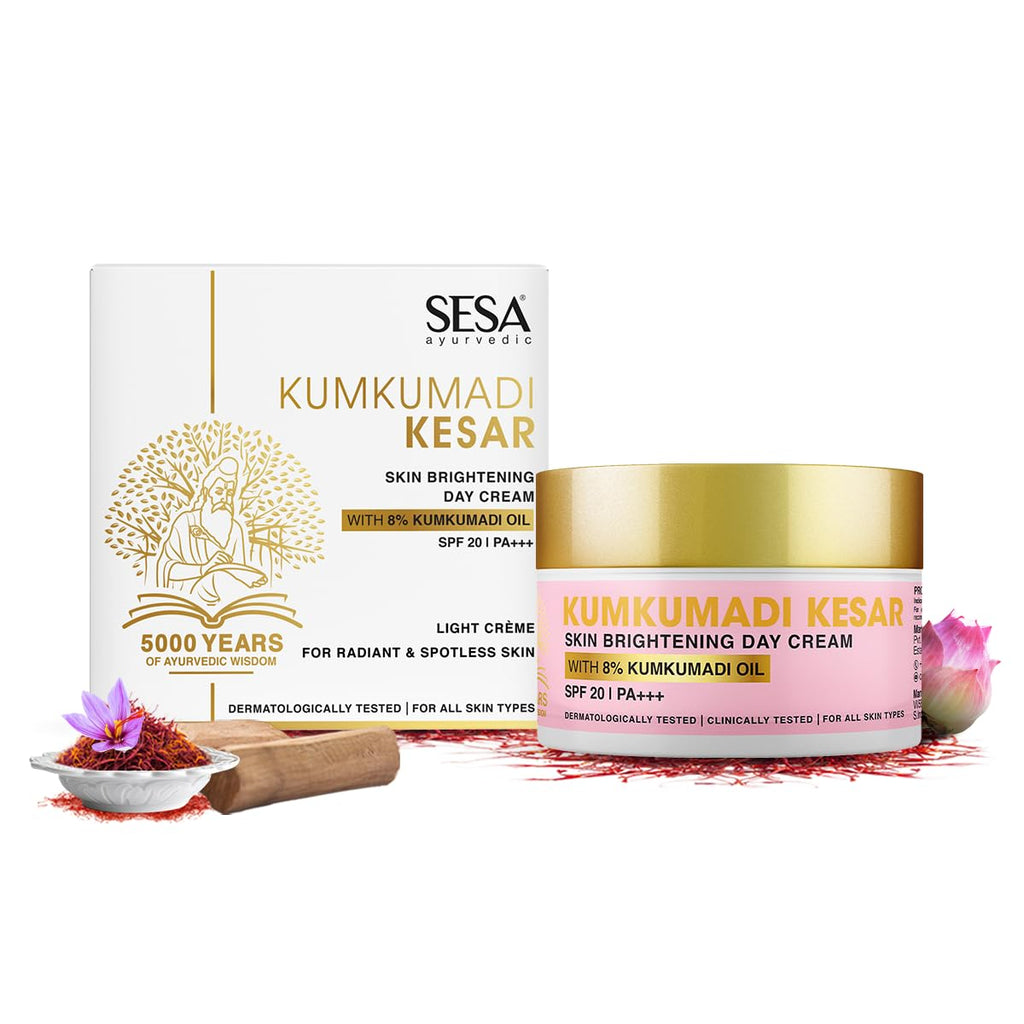 SESA 8% Kumkumadi Kesar Day Cream SPF 20 & PA++ Skin Brightening Ayurvedic Face Moisturizer Face Cream Sun Damage Hydrating with Saffron Lotus Sandalwood for Woman and Men, 50 gm or 1.69 oz