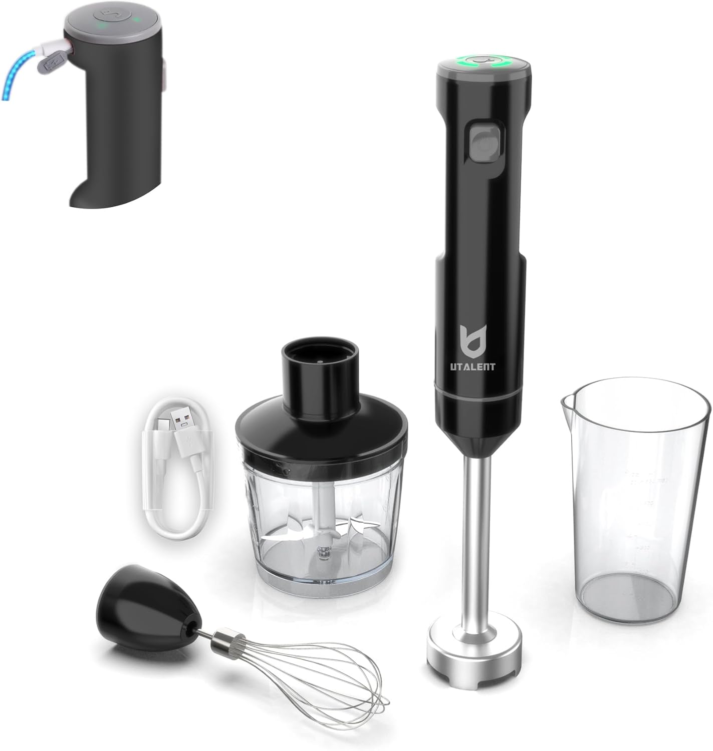UTALENT Cordless Hand Blender - Variable Speed Immersion Blender with 500ml Chopper & 600ml Container - Black