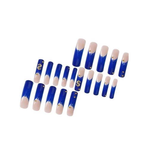 Rchovsam xl Long Press on Nails Square French Tip Fake Nail 3D Godlen Designs False Nails Press Ons French Blue Stick on Nails Full Cover Artificial Nail Gift for Women 24pcs