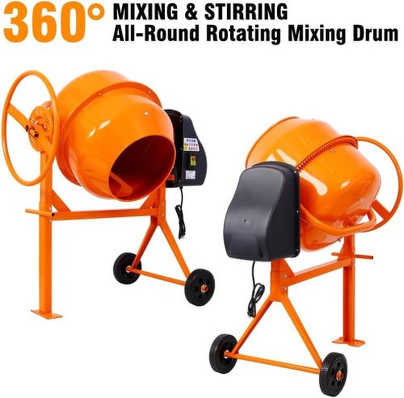 Skiennix 5.0 Cu. Ft Electric Cement Mixer - 650W Heavy-Duty Portable Concrete Mixer with Wheels & Stand, Adjustable Tilt, Orange