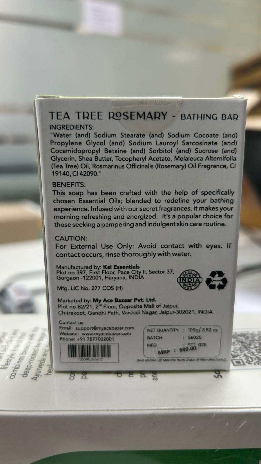 MY ACE Tea Tree & Rosemary Bathing Bar Soap for Men & Women - Handmade with Essential Oil, Coconut Oil, Shea Butter & Vitamin E for Skin Cleansing, Moisturizing - SLES Free - For Face, Hair, Body Wash