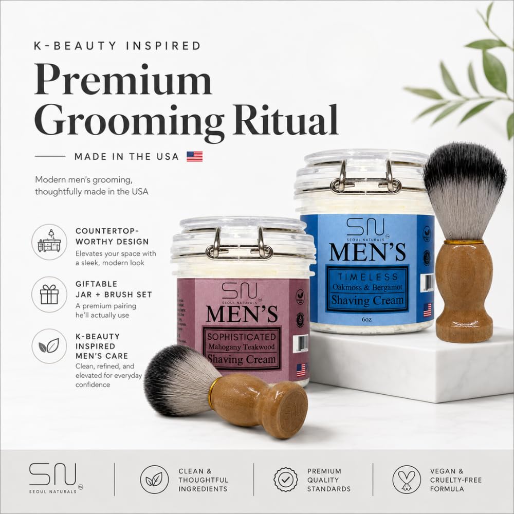 Seoul Naturals Earthy Cedarwood and Sandalwood Shaving Cream with Barber Brush, k beauty, 6 oz