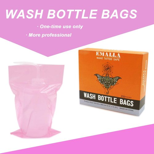 Gakonp 250pcs Tattoo Bottles Bags（Pink） with 3pcs Wash Bottles（Pink） 250ml Disposable Squeeze Watering Tool Sleeves Water Spray Covers for Tattoo Supplies