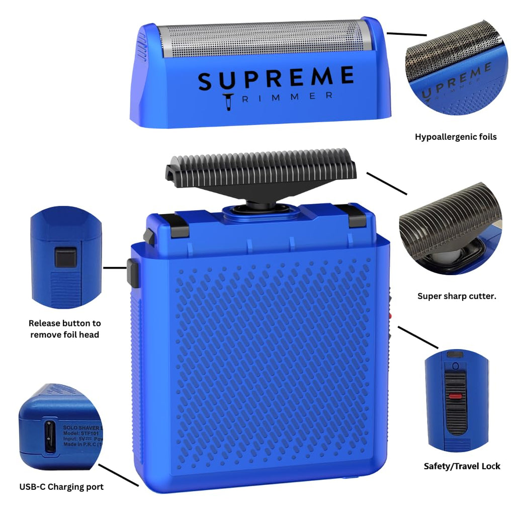 Supreme Trimmer Crunch Lite & Solo Foil Shaver Kit | Pro Barber Electric Foil Razer STF600 & STF101 Set | Blue