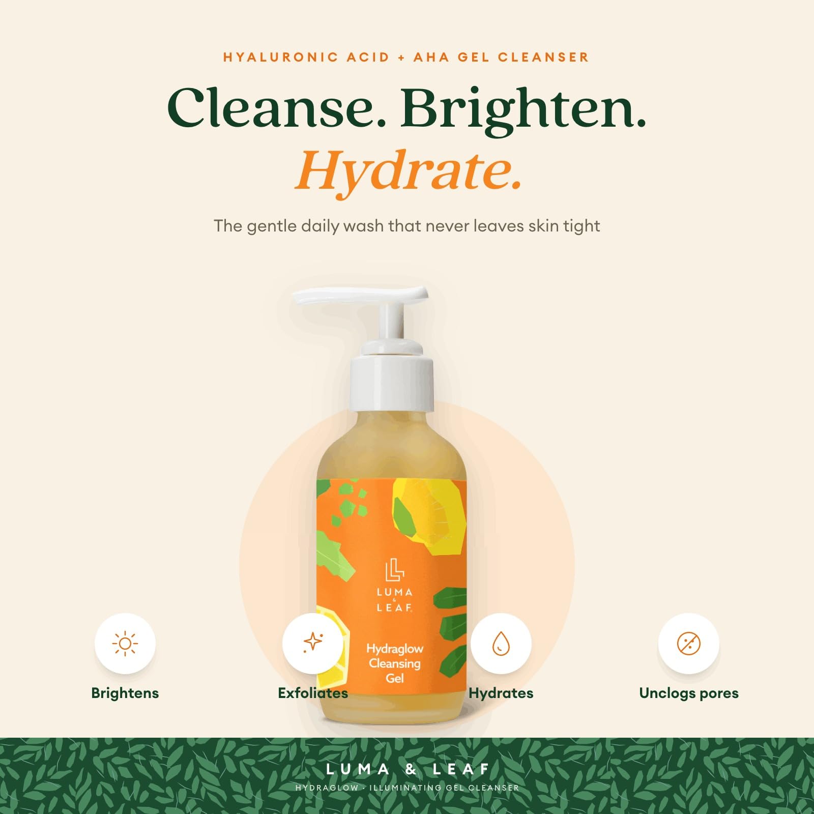 Vitamin C Face Wash for Dark Spots, Brightening Exfoliating Gel Cleanser with Enzyme & Hyaluronic Acid, Daily Facial Cleanser for Dull Skin & All Skin Types, Vegan 3.8 fl oz - Luma & Leaf
