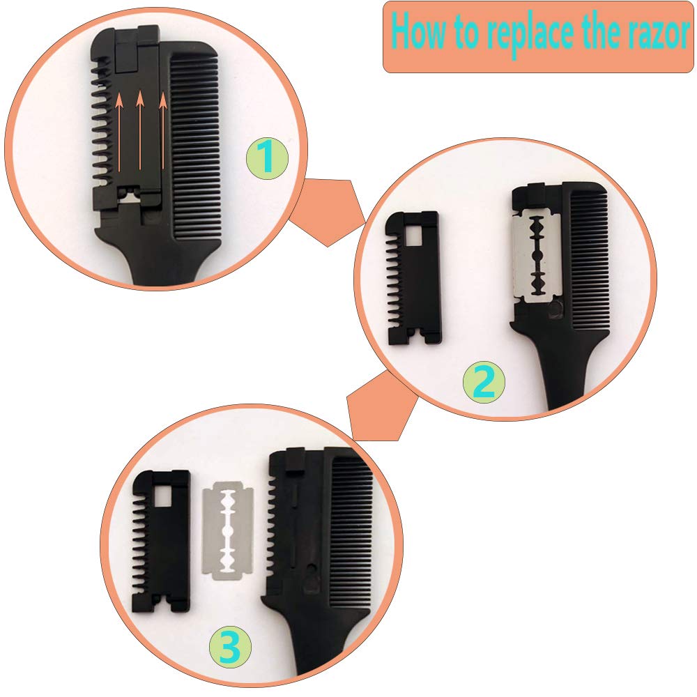 3 Pcs Hair Cutting Combs with Extra 3 Replacement Razors, MSDADA Double Edge Razor Comb for Thin and Thick Hair Trimming and Thinning