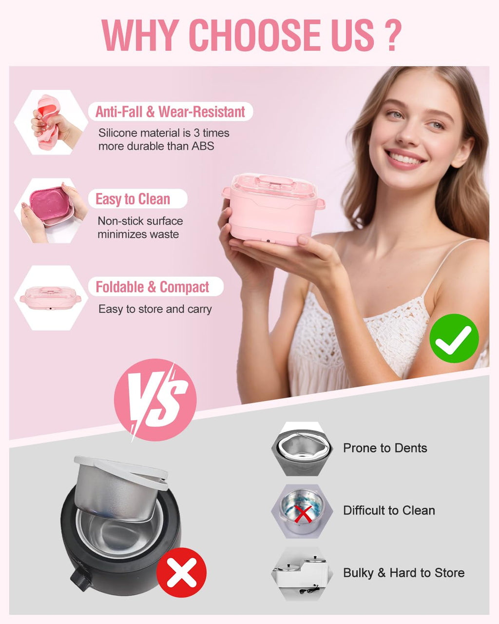 Waxing Kit, Silicone Wax Warmer with 4 Packs Hard Wax Beads, Protable Hot Wax Machine Pot for Full Body, Face, Eyebrows, Legs, Bikini, At Home Hair Removal Kit with 15 Accessories for Women Men, Pink