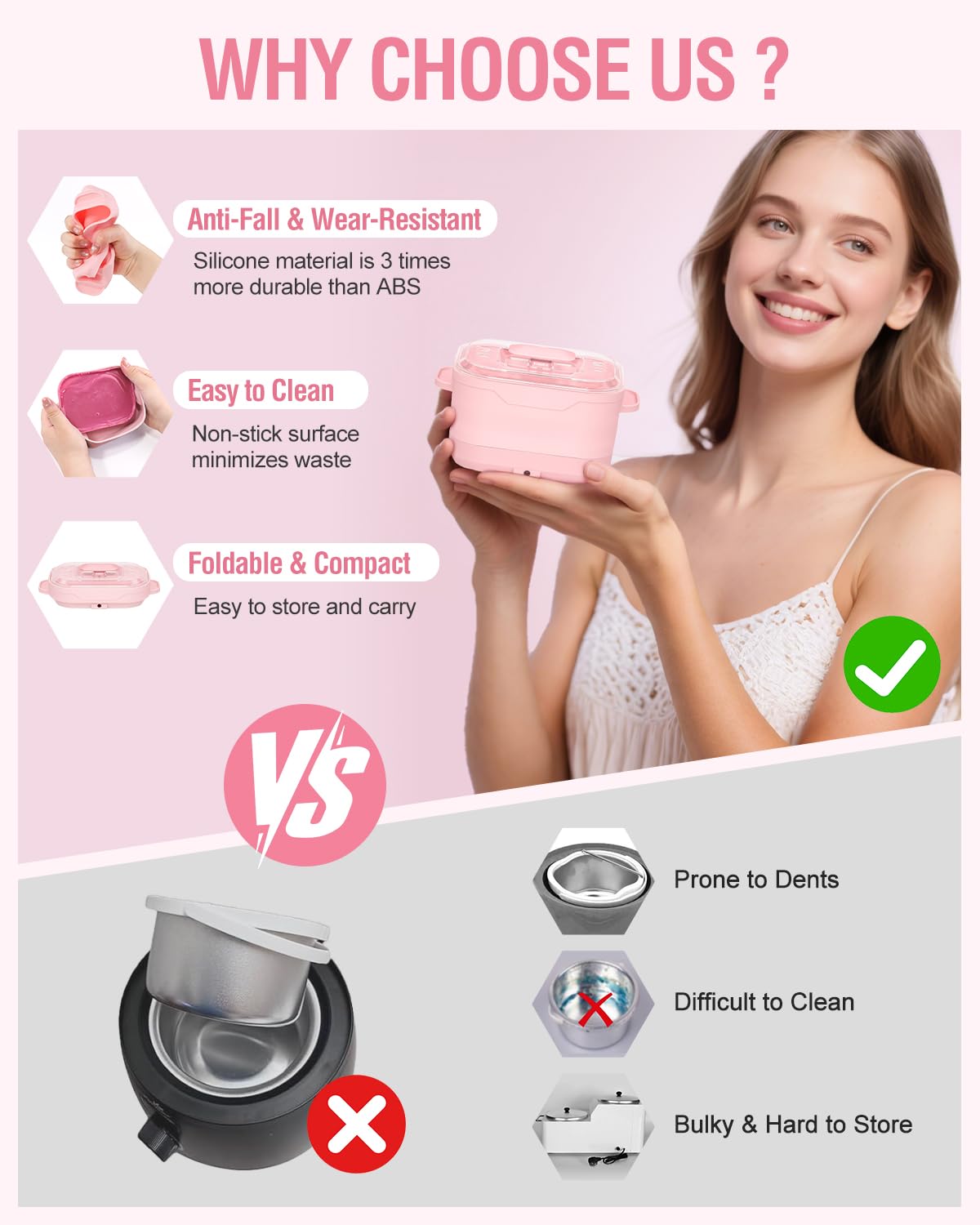 Waxing Kit, Silicone Wax Warmer with 4 Packs Hard Wax Beads, Protable Hot Wax Machine Pot for Full Body, Face, Eyebrows, Legs, Bikini, At Home Hair Removal Kit with 15 Accessories for Women Men, Pink