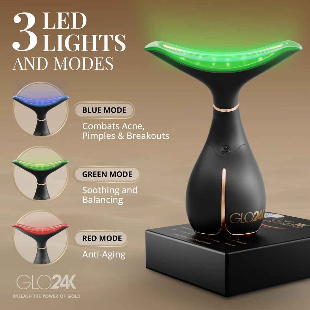 GLO24K Red Light Facial Massager with 24K Gold Retinol Face Cream - Face & Neck LED Beauty Wand, 3-in-1 Vibration Beauty Tool & Collagen Hyaluronic Acid Moisturizer for Smoother-Looking Skin