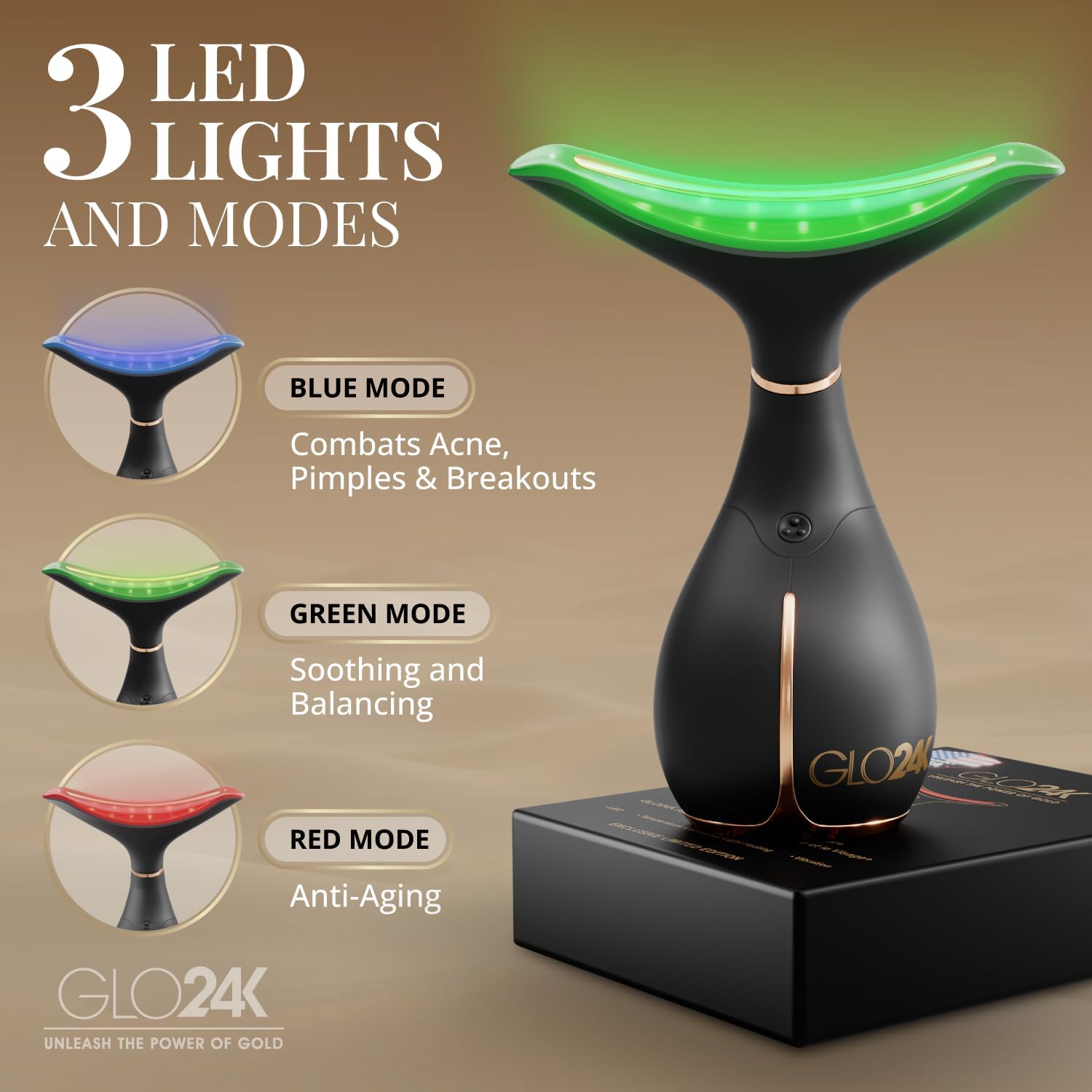 GLO24K Red Light Facial Massager with 24K Gold Retinol Face Cream - Face & Neck LED Beauty Wand, 3-in-1 Vibration Beauty Tool & Collagen Hyaluronic Acid Moisturizer for Smoother-Looking Skin