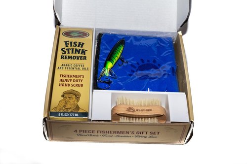 Gift for Fishermen - 4 piece Hand Cleanser Fishing Gift Set - Includes Microfiber Fishing Towel, Hand Scrub & Srubber, Fishing Lure - Valentine's Day Gift Fishermen or Boaters Birthday Gift Fishermen