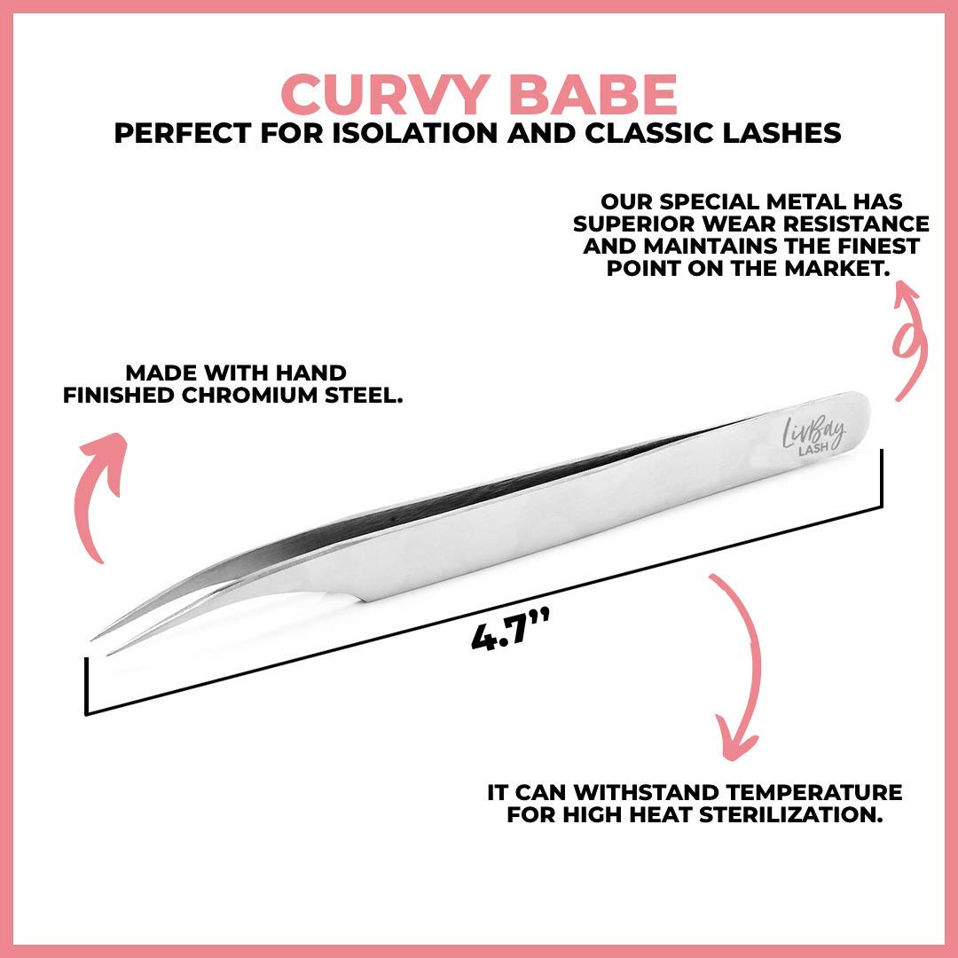 LivBay Lash - Curvy Babe Eyelash Stainless Steel Tweezer for Isolation and Classic Lash Extensions | Curved Tip | False Lash Applicator Tool (Professional Use Only)