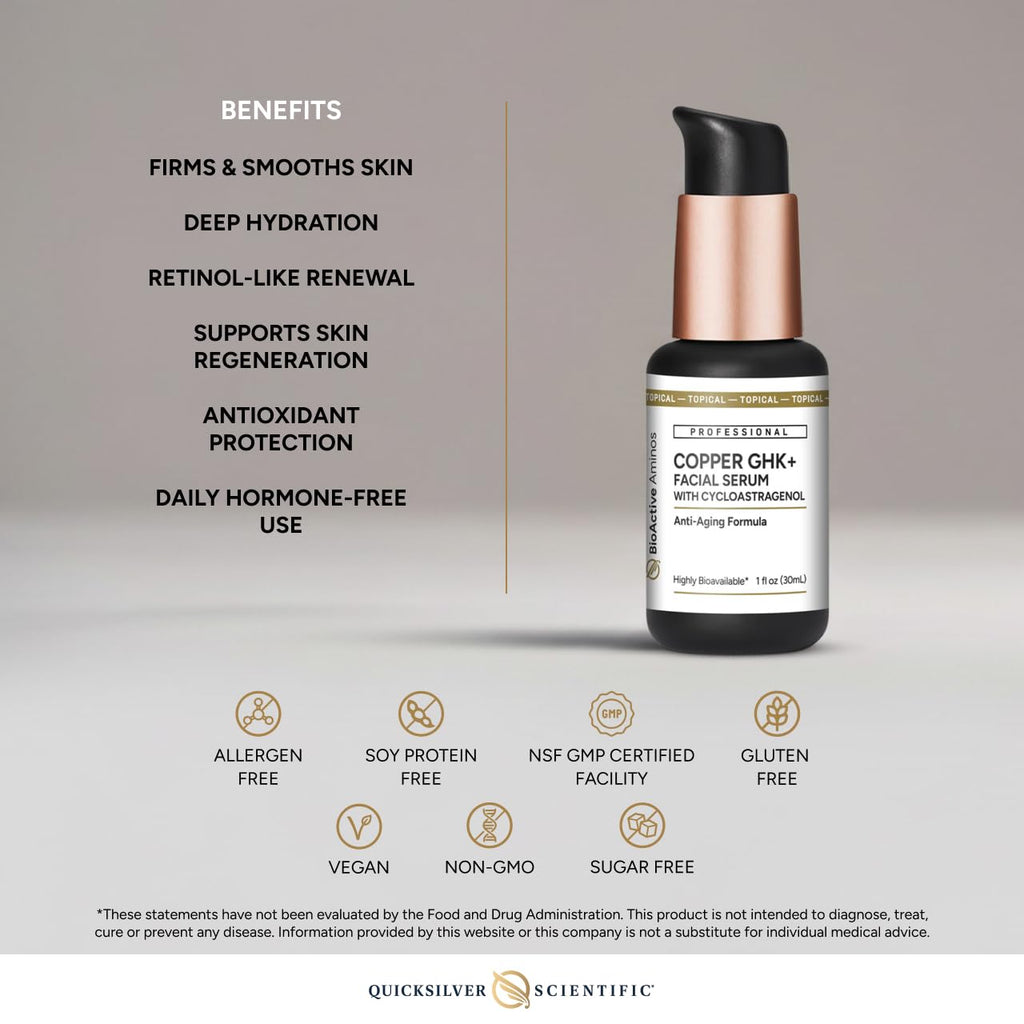 Quicksilver Scientific Copper GHK+ Facial Serum with Cycloastragenol - Copper Peptide Serum for Healthy Skin Support - Smooth Complexion & Glow - Gluten-Free, Vegan & Non-GMO - 1 fl oz