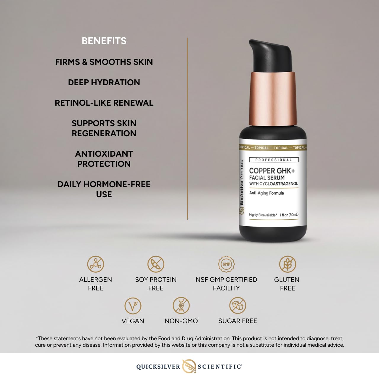 Quicksilver Scientific Copper GHK+ Facial Serum with Cycloastragenol - Copper Peptide Serum for Healthy Skin Support - Smooth Complexion & Glow - Gluten-Free, Vegan & Non-GMO - 1 fl oz