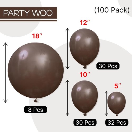PartyWoo Dark Brown Balloons - 100pcs Boho Coffee Neutral Fall Arch Kit | 5-18 Inch Sizes for Celebrations