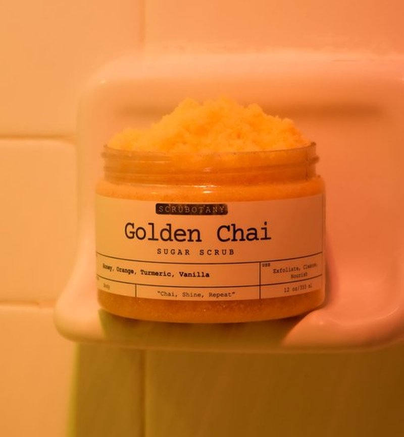 Scrubotany Golden Chai Sugar Scrub – Exfoliating Body Scrub with Honey, Orange, Turmeric, Vanilla – Gentle Exfoliating and Cleansing Impurities, Dead Skin Cells – Suitable for All Skin Types – 12 oz