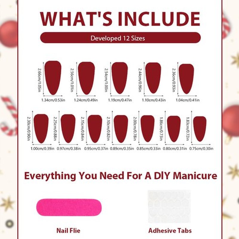 Christmas Press on Nails - Medium Almond Red French Tip Fake Nails with Snowflakes Christmas Tree Design Glitter Glue on Nail Xmas Full Cover Cat Eye False Nails Artificial Acrylic Nails 12 Size 24Pcs