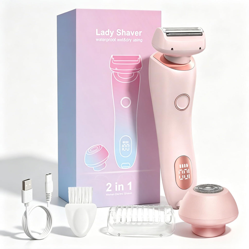 Electric Shaver for Women, Bikini Trimmer for Women, 2 in 1 Wet & Dry Painless Hair Removal with 2 Removable Heads for Bikini, Leg, Arm, Underarm, IPX7 Waterproof Rechargeable Design (Pink)
