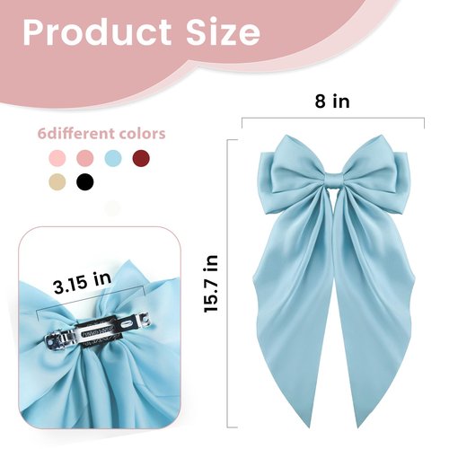 TUBIAN 6PCS Oversized Hair Bows for Women & Girls Large Bow Hair Clips with Long Tail Ribbons, Elegant Barrettes for Thick & Thin Hair, Fashionable Hair Accessories