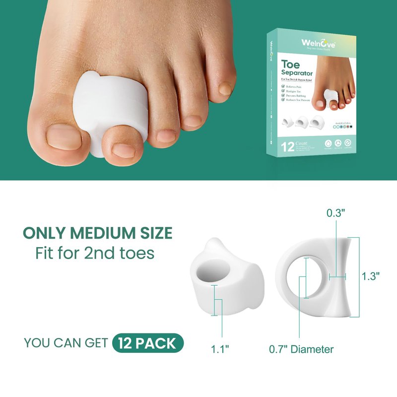 Welnove Toe Separator for Overlapping Toes - 12 PackToe Spacers for Bunions - Toe Corrector for Hammer Toes, Realign Crooked Toes - Preventing Rubbing Relieve Pressure (Medium, White)