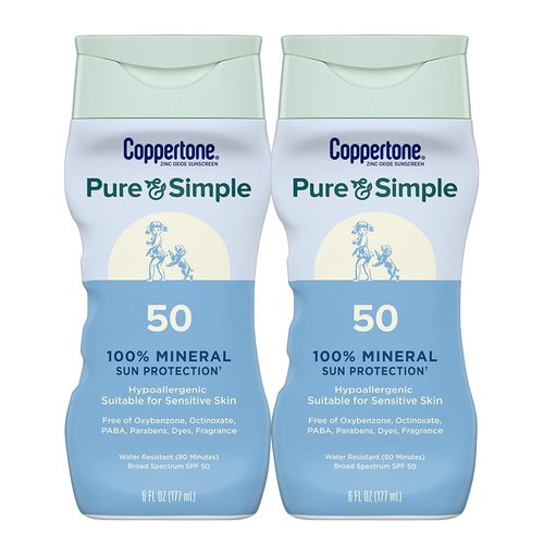 Coppertone Pure and Simple Zinc Oxide Mineral Sunscreen Lotion SPF 50, Water Resistant Sunscreen for Sensitive Skin, Hypoallergenic and Fragrance Free, 6 Fl Oz Bottle, Pack of 2