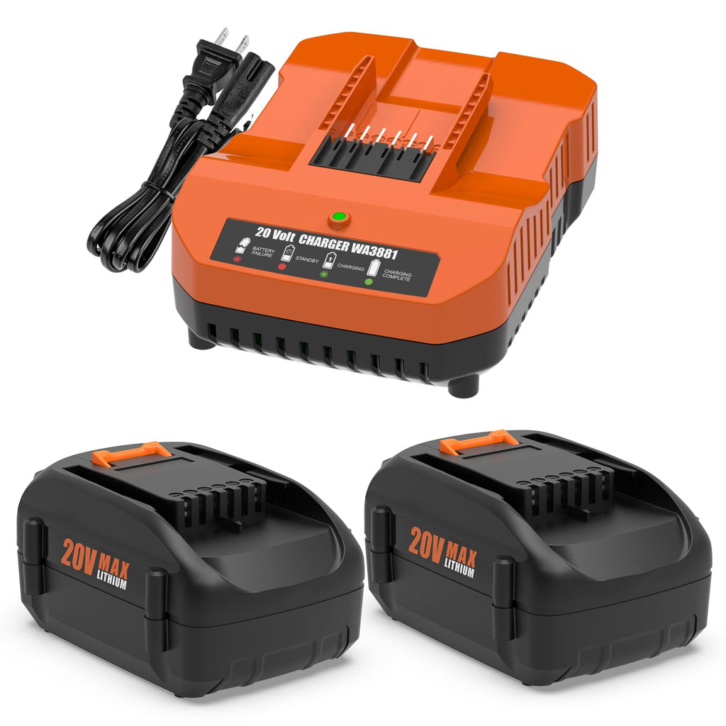 BECDXPal 2 Pack 6.5Ah Replacement for Worx 20V Battery and Charger Compatible with All Worx Battery 20V WA3525 WA3575 WA3520 WG151s WG155s WG545s