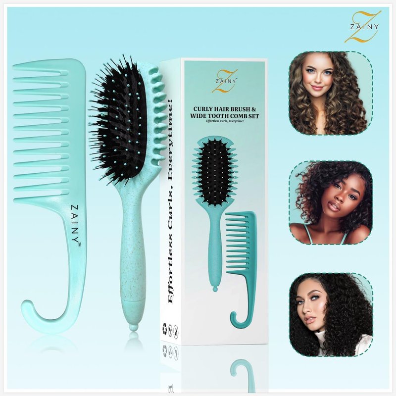 ZAINY Curl Defining Brush Set - 2PC Wide Tooth Comb & Detangler for Curly Hair | Ideal for All Ages