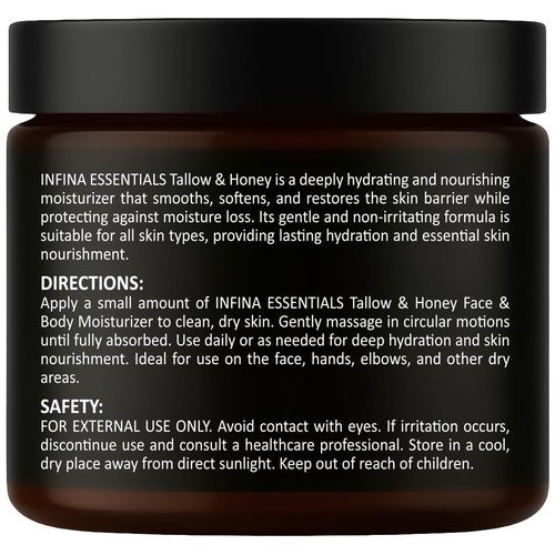 INFINA ESSENTIALS Beef Tallow for Skin with Raw Honey – Grass Fed Beef Tallow Face & Body Moisturizer - Balm Style Hydrating Cream with Beeswax & Olive Oil for Dry Skin, Hands & Feet – 4.4 oz