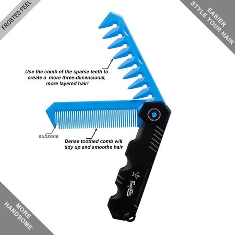 Fengliren Protable Folding 2 in 1 Hair Comb Dence Tooth Comb Wide Tooth Comb Sparse Styling Pocket for Combing Straight hair Curly Hair Beards Mustaches for Men Barber Hairdresser (Blue)