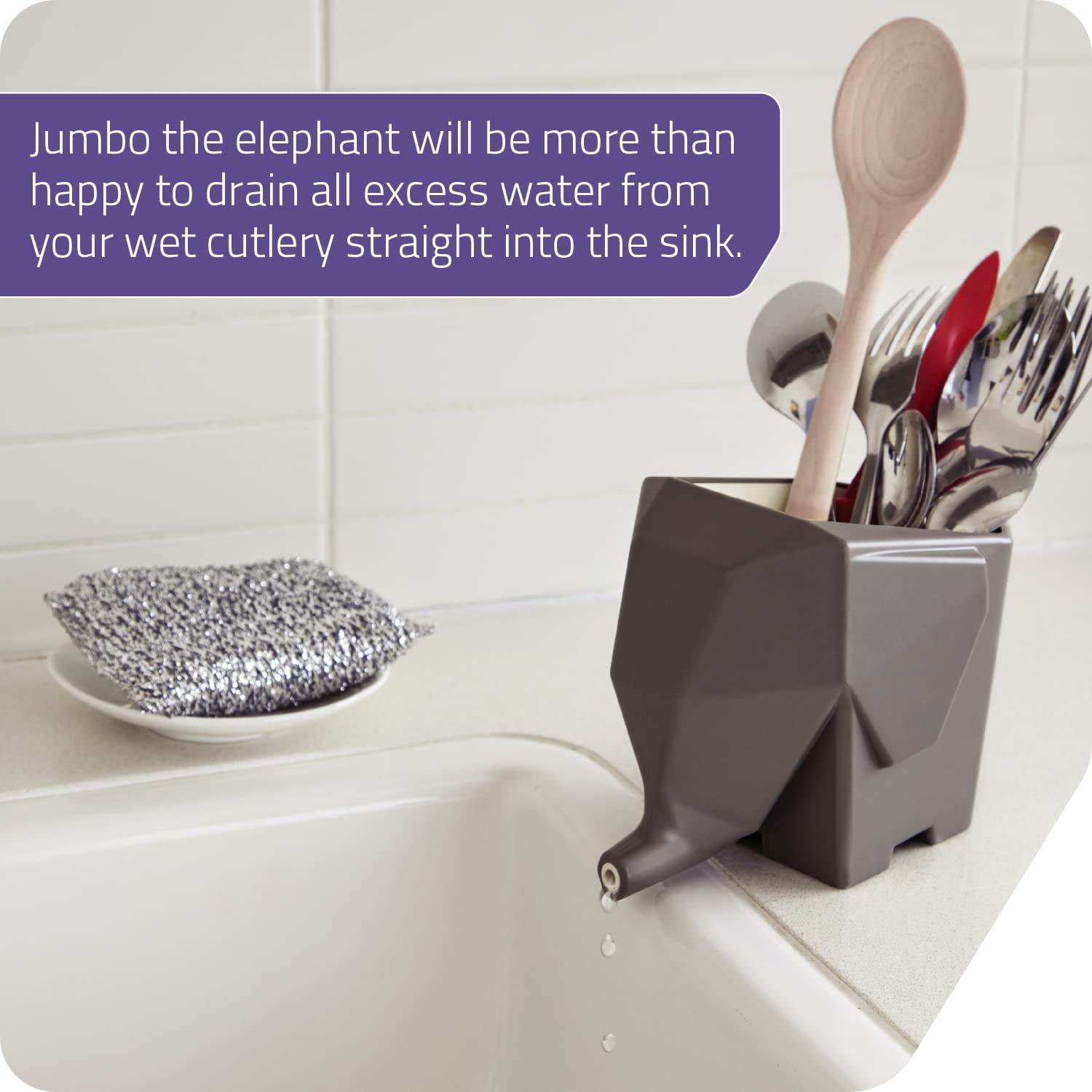 PELEG DESIGN Elephant Cutlery Drainer – Funny Self Draining Utensil Drying Rack for Kitchen Sink | Cute Silverware Drainer Basket (Grey)