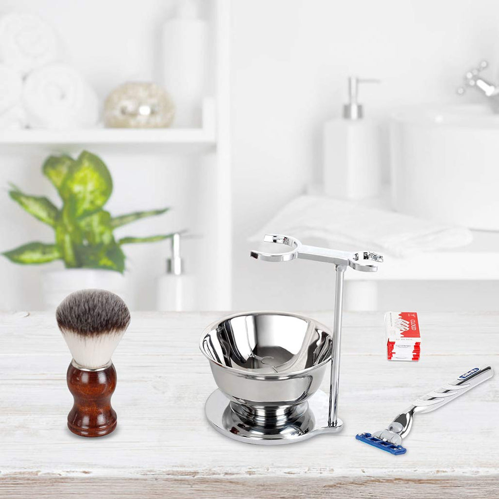 SANWA Deluxe Shaving Kit for Men,Stainless Steel Shaving Razor&Brush Stand Holder Soap Bowl Shave Brush Kit,Compatible with Manual & Gillette Razors - Organized Storage
