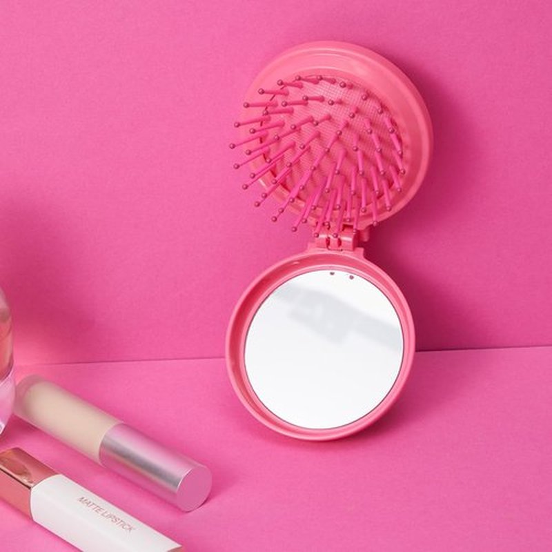 MINISO Barbie Portable Folding Mirror Comb for On-The-Go Styling | Compact Travel Hair Brush with Mirror | Fits in Pocket, Purse, Makeup Bag, Backpack | Detangling Comb for Women Quick Touch Ups