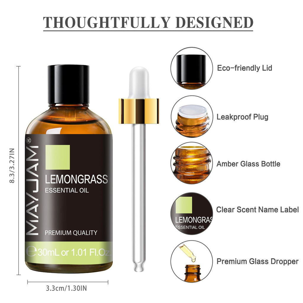 Lemongrass Essential Oil 30ML/1.01FL.OZ, MAYJAM Premium Lemongrass Oil Essential Oils with Glass Dropper, Great for Aromatherapy Diffuser and Candle Soap Making