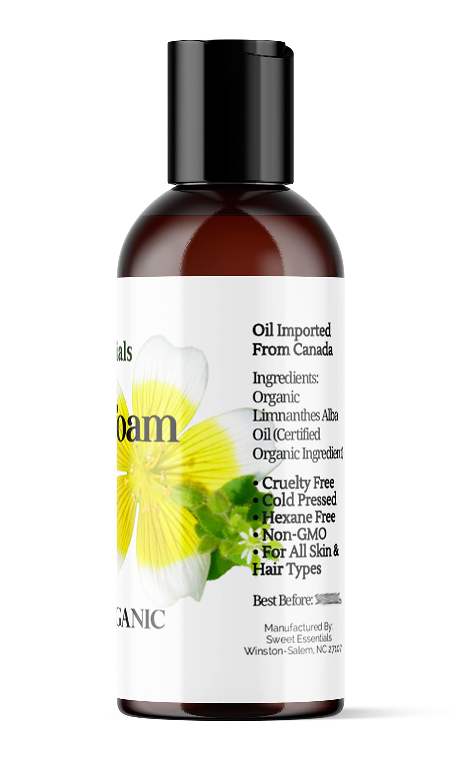 Sweet Essentials Premium Organic Meadowfoam Seed Oil, Imported From Canada, 2oz, 100% Pure, Cold Pressed - For Hair, Skin and Nails | Perfect Carrier Oil | Also Excellent For Mature Skin