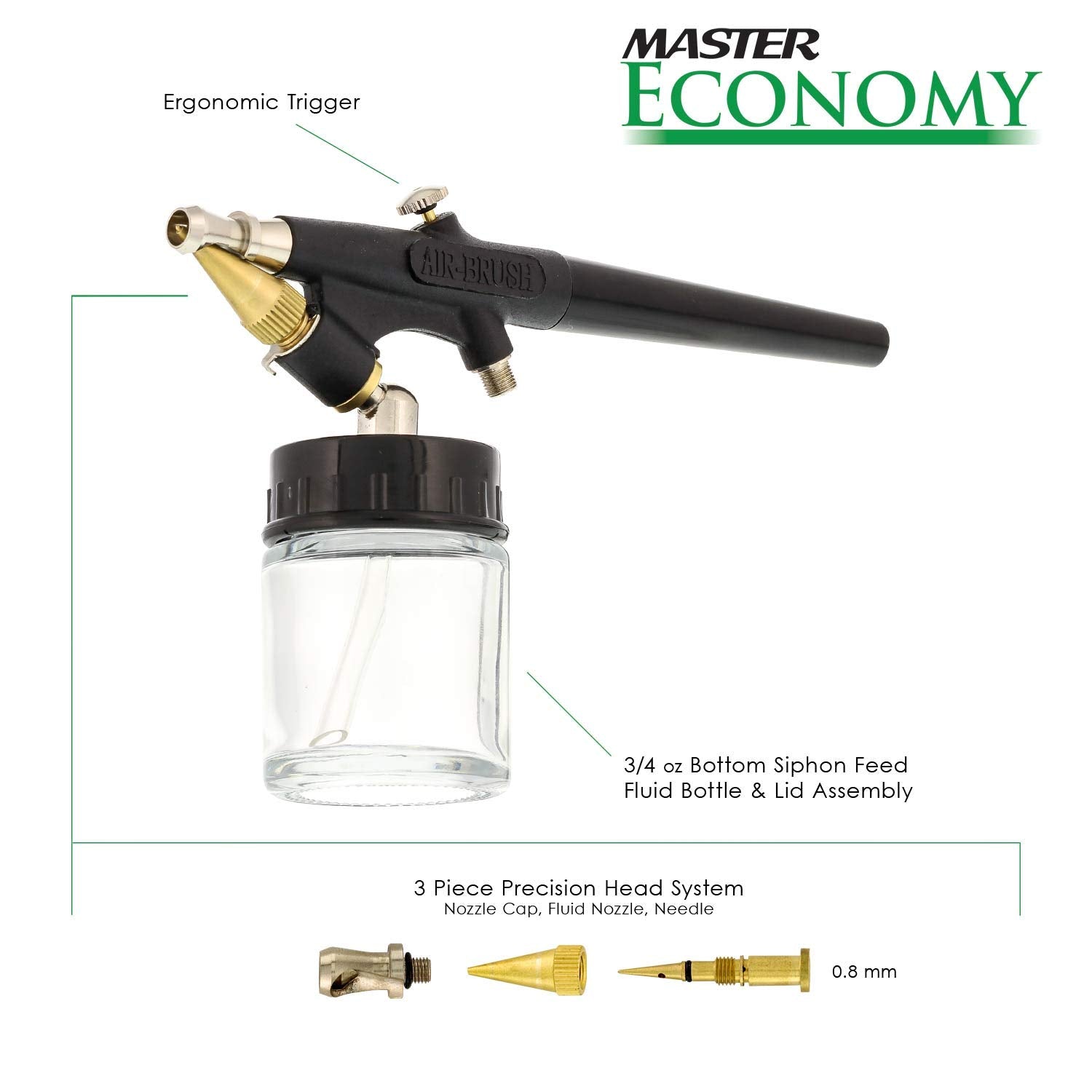 Master Airbrush Model E91 Airbrush Set Master Single-Action External Mix Siphon Feed Airbrush Set with 0.8mm Tip and 1/8" air Inlet