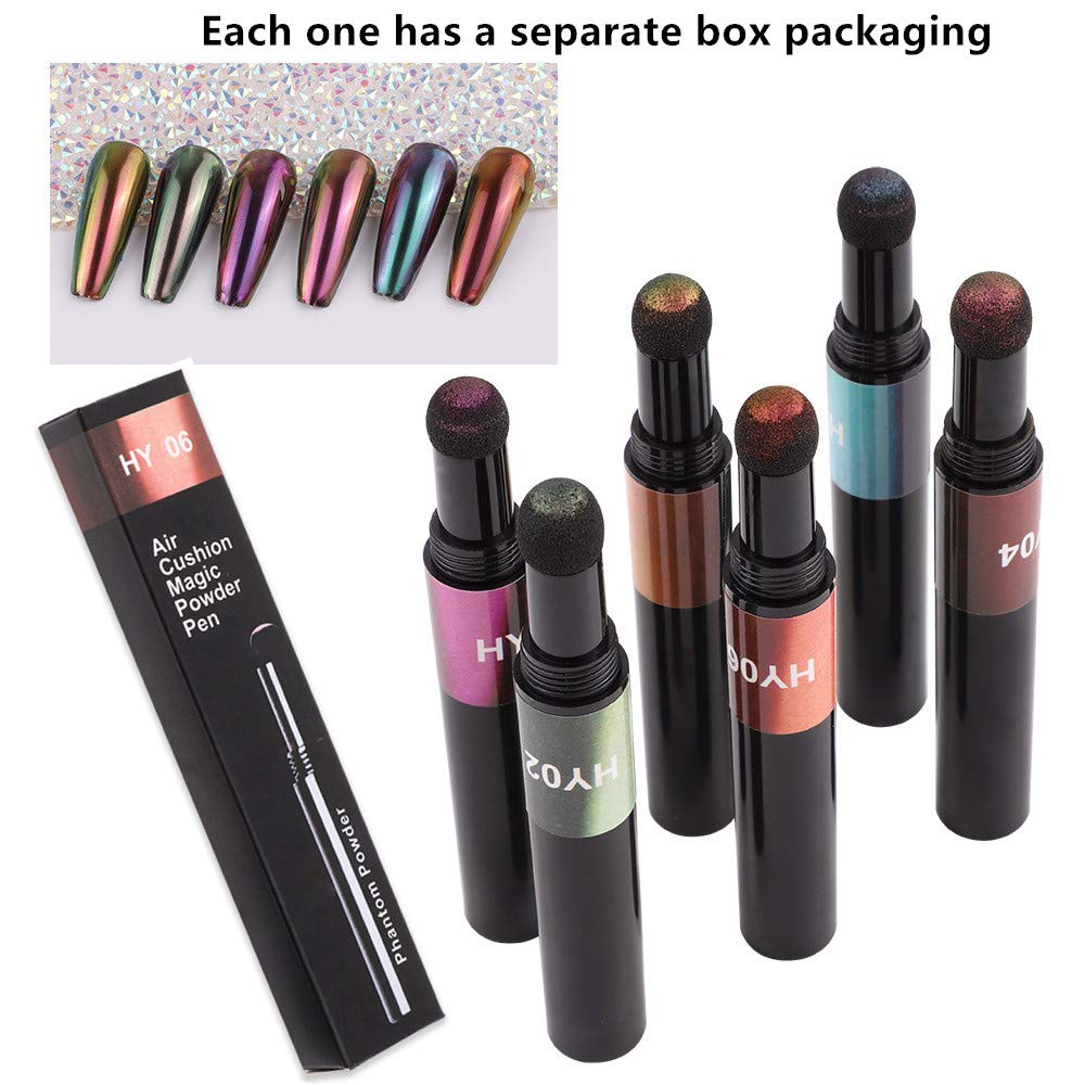 XICHEN 6 colors/set Air Cushion Nail Powder Pen Holographic Nails Powder with Mirror Effect, Manicure cushion magic pen, Laser Phantom Series Magic Mirror Powder