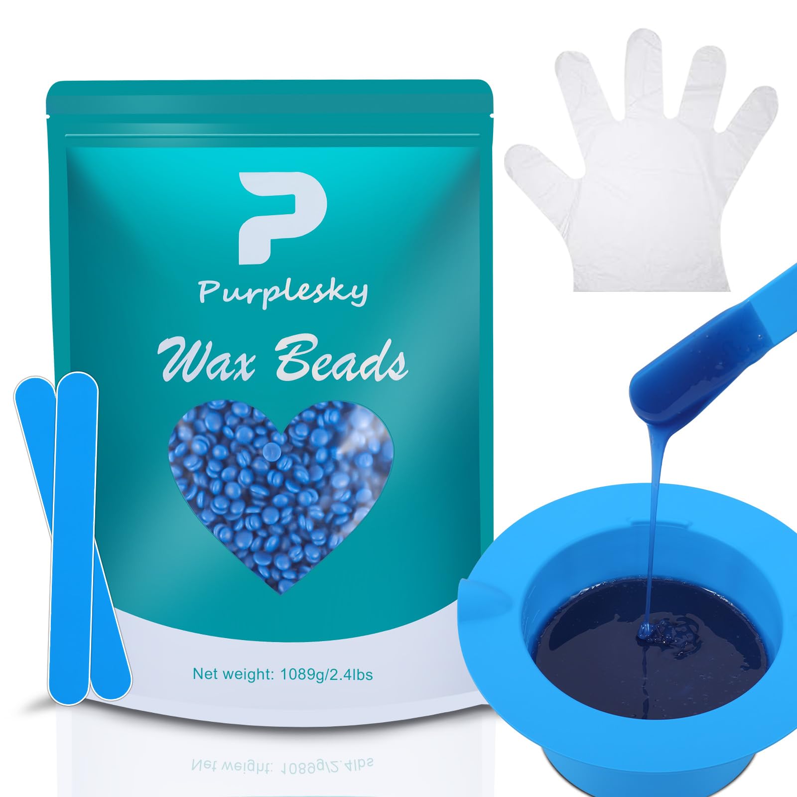 PURPESKY Wax Beads Bulk, 2lbs Hard Waxing Beans for Hair Removal, Brazilian Coarse Wax for Face, Leg, Bikini, Home Waxing Kit with Collapsible Bowl/Pot & Collapsible Bowl (Sea salt)