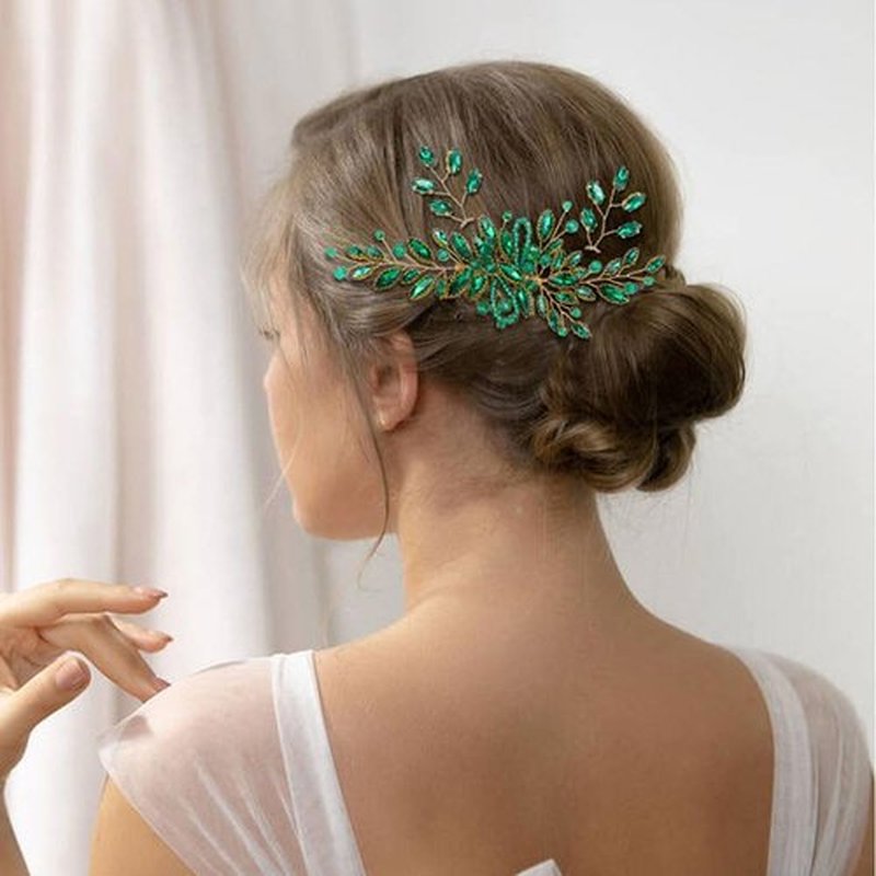 Dizila 7 Pieces Emerald Green Crystal Bead Party Prom Wedding Bridal Vine Leaf Hair Side Combs + Rhinestone U-shaped Hair Pins Headpieces for Brides Bridesmaids Women Girls