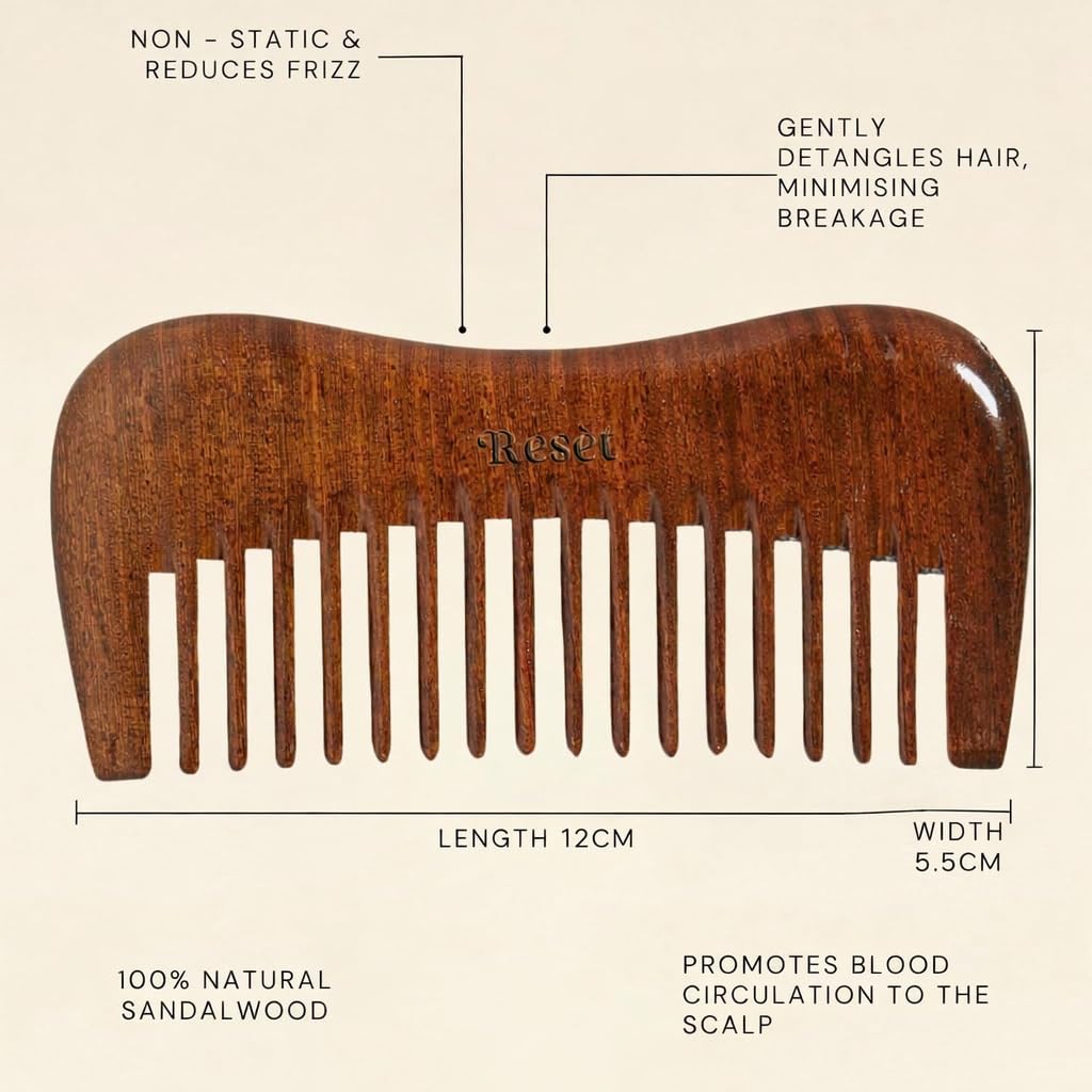 Resèt 100% Natural Handmade Sandalwood Comb | Soft Wide Tooth Wooden Comb for Wet and Dry Hair | Eco-Friendly Anti-Static Wooden Massage Comb | Wooden Hair Detangler for Men and Women