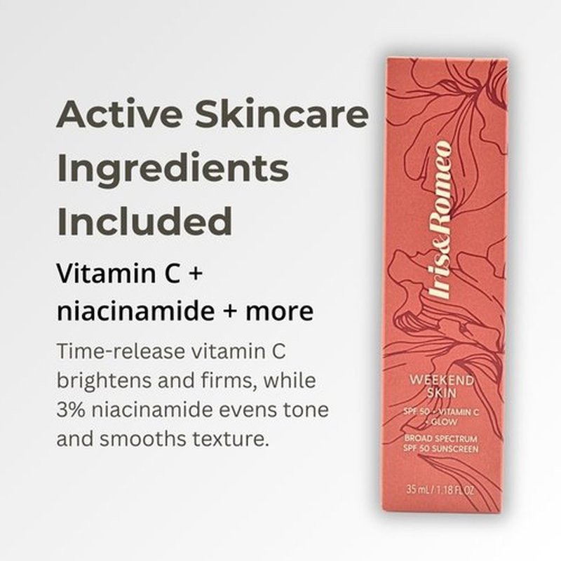IRIS&ROMEO Weekend Skin SPF 50 - Mineral Sunscreen with Vitamin C & Niacinamide for Radiant Glow, 1.18 fl oz