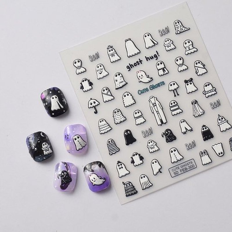 6PCS Fall Art Stickers 5D Embossed - Ghost Cat Skull Witch Pumpkin Spider Nail Decals for Women Girls