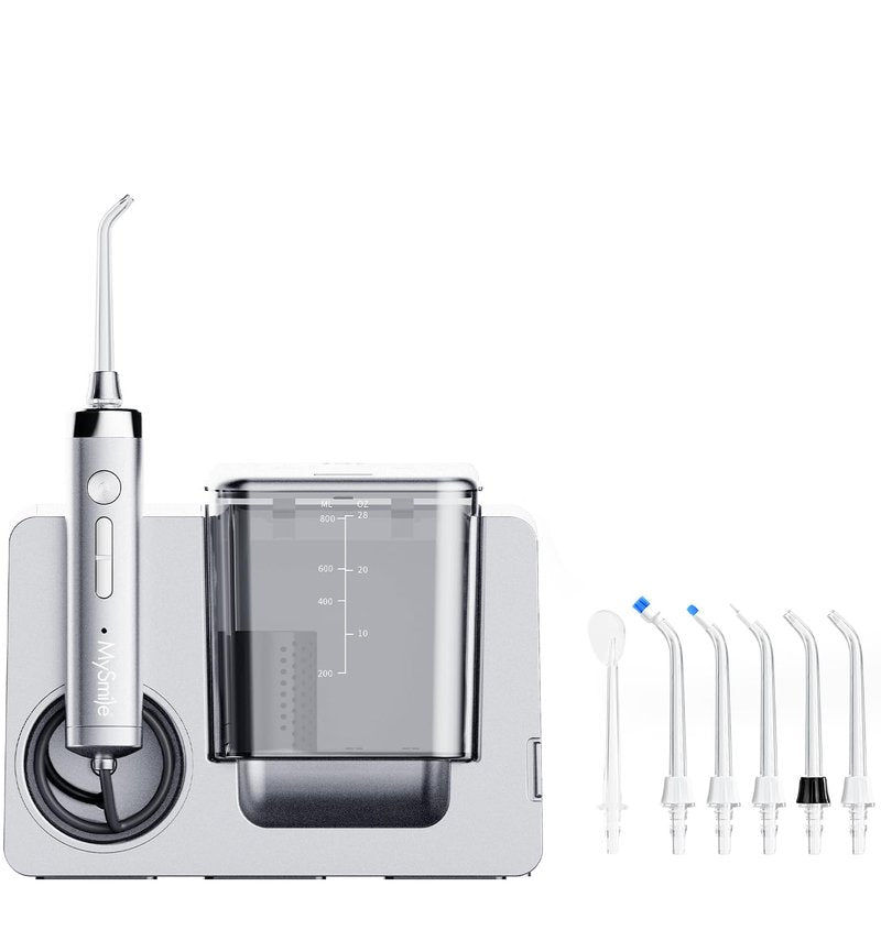 MySmile LP233 Pro UVC Sterilizable Countertop Water flossers for Teeth 800ML Digital Display Electric Oral Irrigator with a Water Filter 3 Modes and 6 Jet Tips (Frosted Silver)
