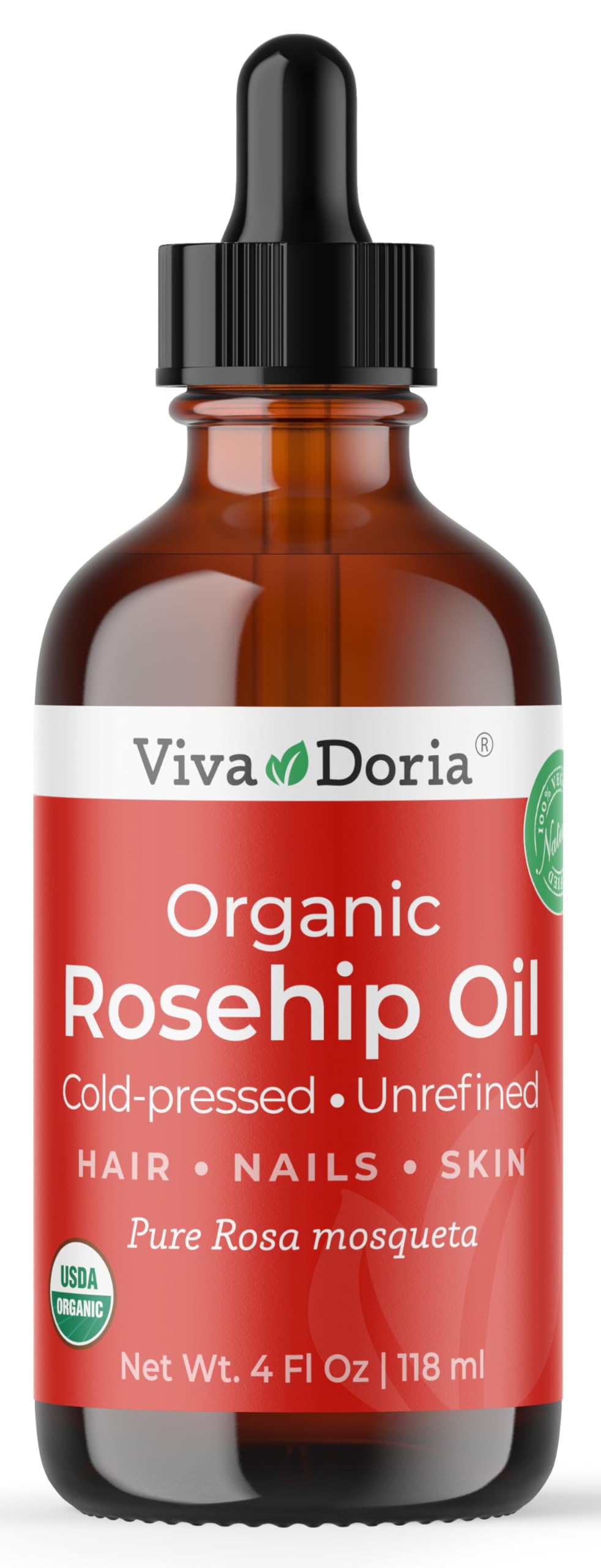 Viva Doria Organic Rosehip Oil, Unrefined, Cold-Pressed, 118 mL (4 Fl Oz) For Hair, Nails and Skin