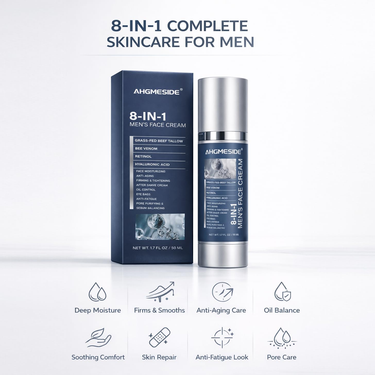 Ahgmeside 8-in-1 Face Cream for Men,Anti-Aging Daily Moisturizer with Hyaluronic Acid & Shea Butter,Helps Smooth Wrinkles & Reduce Puffiness, Lightweight Men's Formula, 1.7 oz