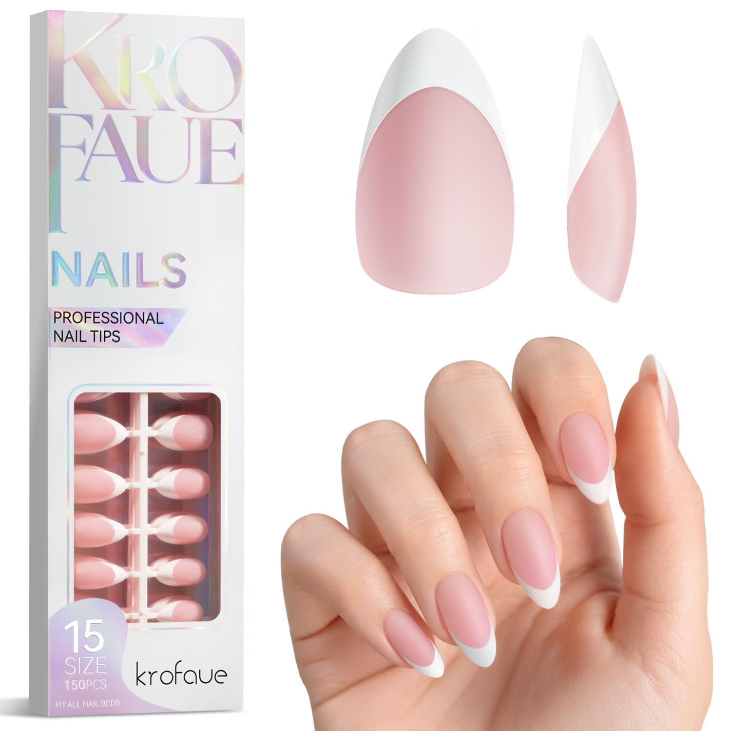 Krofaue French Tips Press On Nails – Pink Matte Short Almond Press On Nails, 15 Sizes Reusable Acrylic Nail Tips Soft Gel Nail Tips for Women Nail Salon & Home DIY