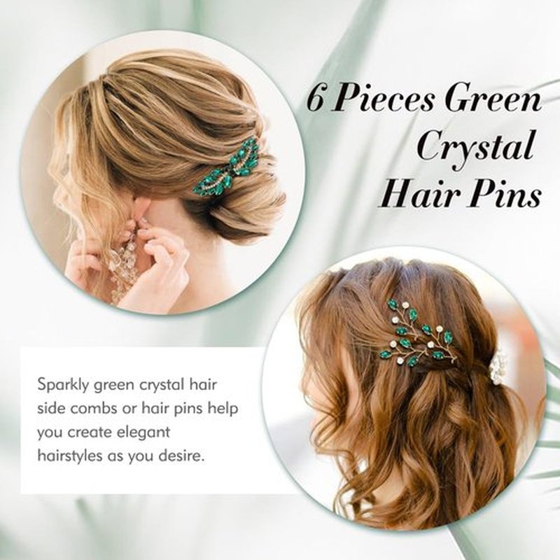 inSowni 7 Pieces Vintage Proms Bridal Wedding Glitter Green Rhinestone Crystal Gold Metal Hair Side Combs Slides U-shaped Hair Pins Accessories for Women Flower Girls Brides Bridesmaids