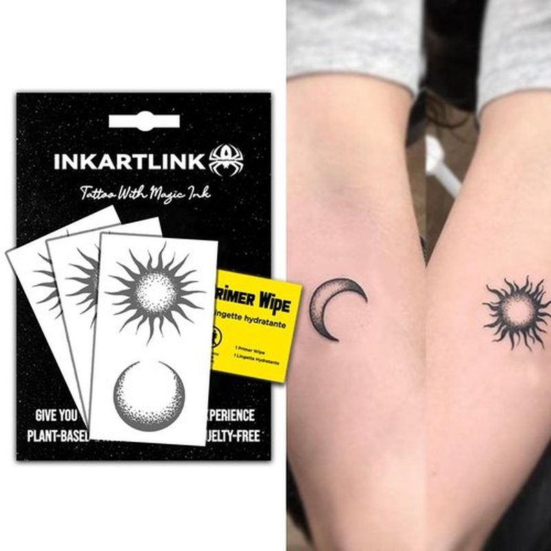 INKARTLINK Semi Permanent Tattoos, 3 Small-sized Temporary Tattoo Stickers for Valentine's Day, Perfect for Couples, Party Favors, Waterproof, Realistic, No Adhesive, Lasts 1-2 Weeks (Sun and Moon)