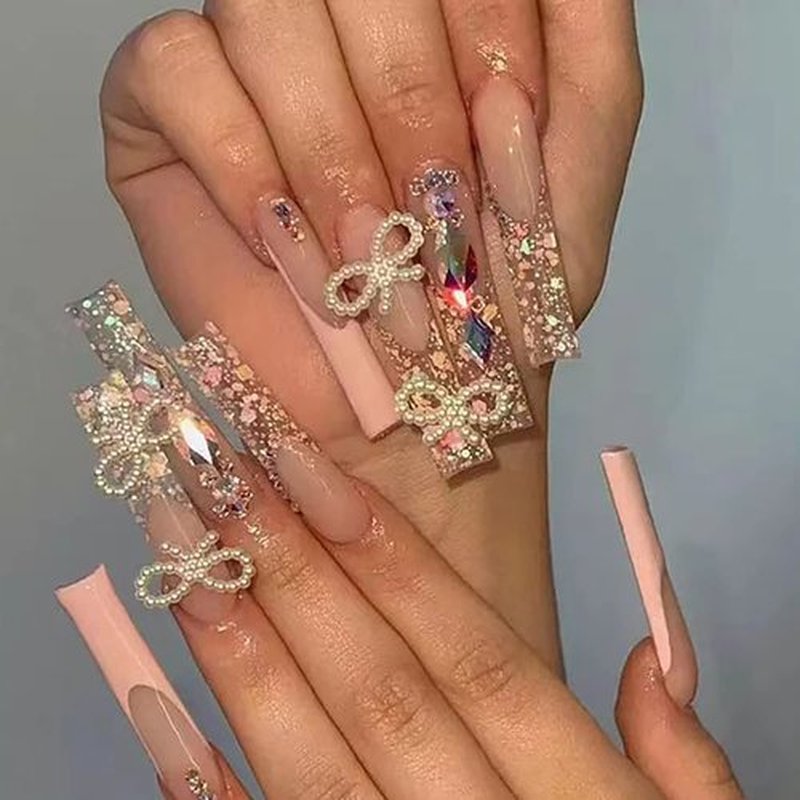 Press on Nails Coffin Long Length, 24 Pcs Full Cover Reusable Butterfly False Nails with Sticky Tabs, Artificial Acrylic Fake Nails with Rhinestone Designs, Stick on Nails Square for Women