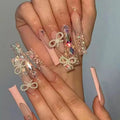 Press on Nails Coffin Long Length, 24 Pcs Full Cover Reusable Butterfly False Nails with Sticky Tabs, Artificial Acrylic Fake Nails with Rhinestone Designs, Stick on Nails Square for Women